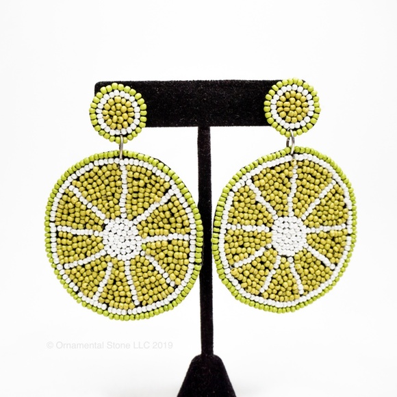 Lime Slice Beaded fruit Statement Earrings Green - Picture 5 of 5